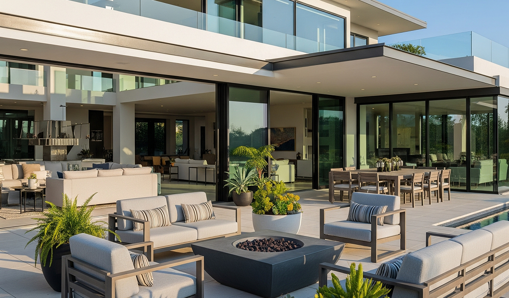The exterior of a large contemporary home with a spacious patio and outdoor living area. A neutral color palette on the furniture and home complements the large glass walls and central fire pit.