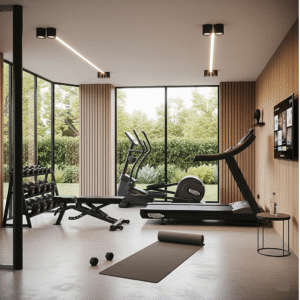 Contemporary home gym with large windows overlooking a garden, featuring a treadmill, elliptical, weight rack, and yoga mat on a concrete floor.