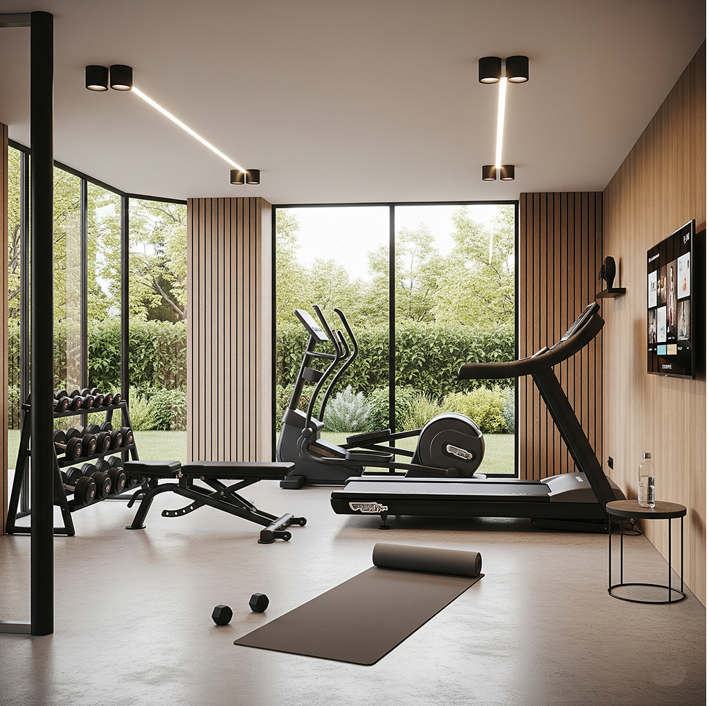 Zen Modern Home Gym with Garden View Contemporary home gym with large windows overlooking a garden, featuring a treadmill, elliptical, weight rack, and yoga mat on a concrete floor.