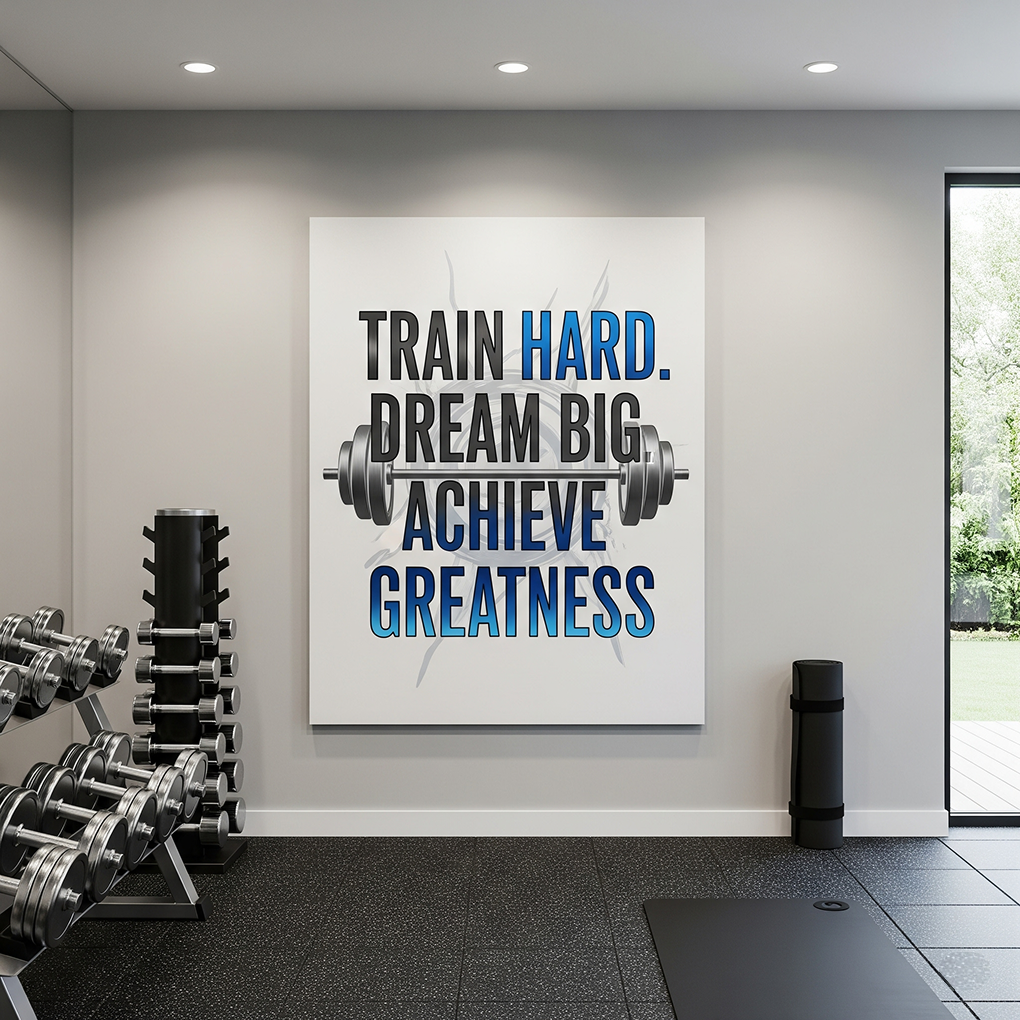 Train Hard Motivational Wall Decor Inspirational gym wall art with a barbell graphic and the quote "TRAIN HARD. DREAM BIG. ACHIEVE GREATNESS" in a modern home gym setting.