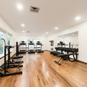 Brightly lit modern home gym with recessed lighting, wooden floors, and various exercise machines.