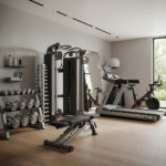 A spacious, bright modern home gym featuring a cable machine, dumbbell rack, adjustable bench, treadmill, and exercise bike.