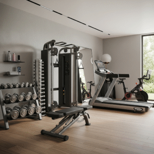 A spacious, bright modern home gym featuring a cable machine, dumbbell rack, adjustable bench, treadmill, and exercise bike.