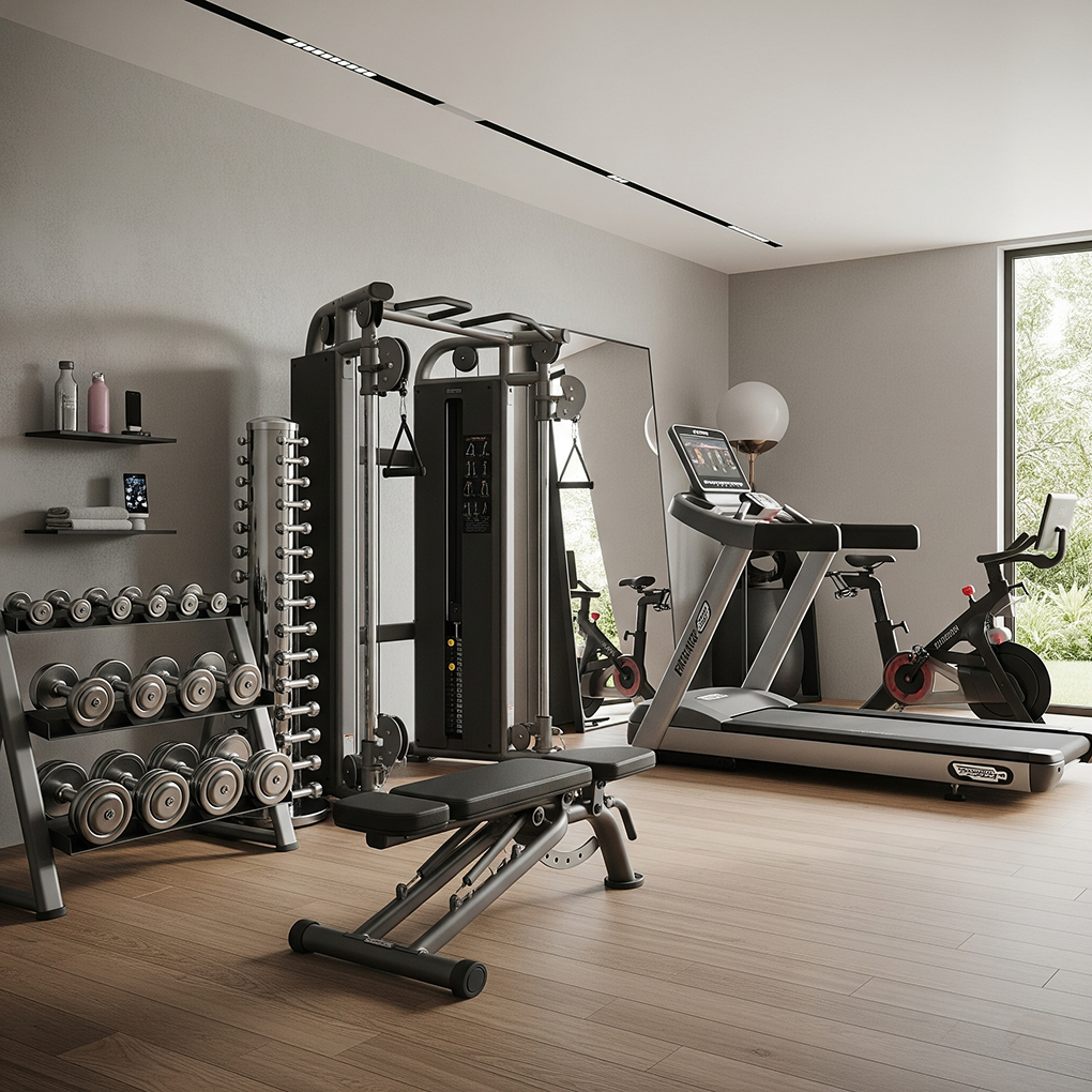 A spacious, bright modern home gym featuring a cable machine, dumbbell rack, adjustable bench, treadmill, and exercise bike.