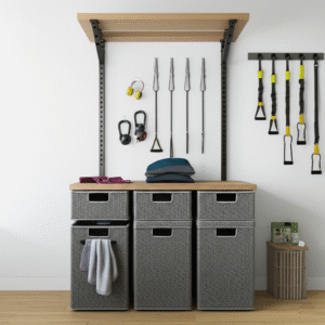Organized home gym storage with wall-mounted racks for various fitness accessories and woven baskets for towels and smaller items.
