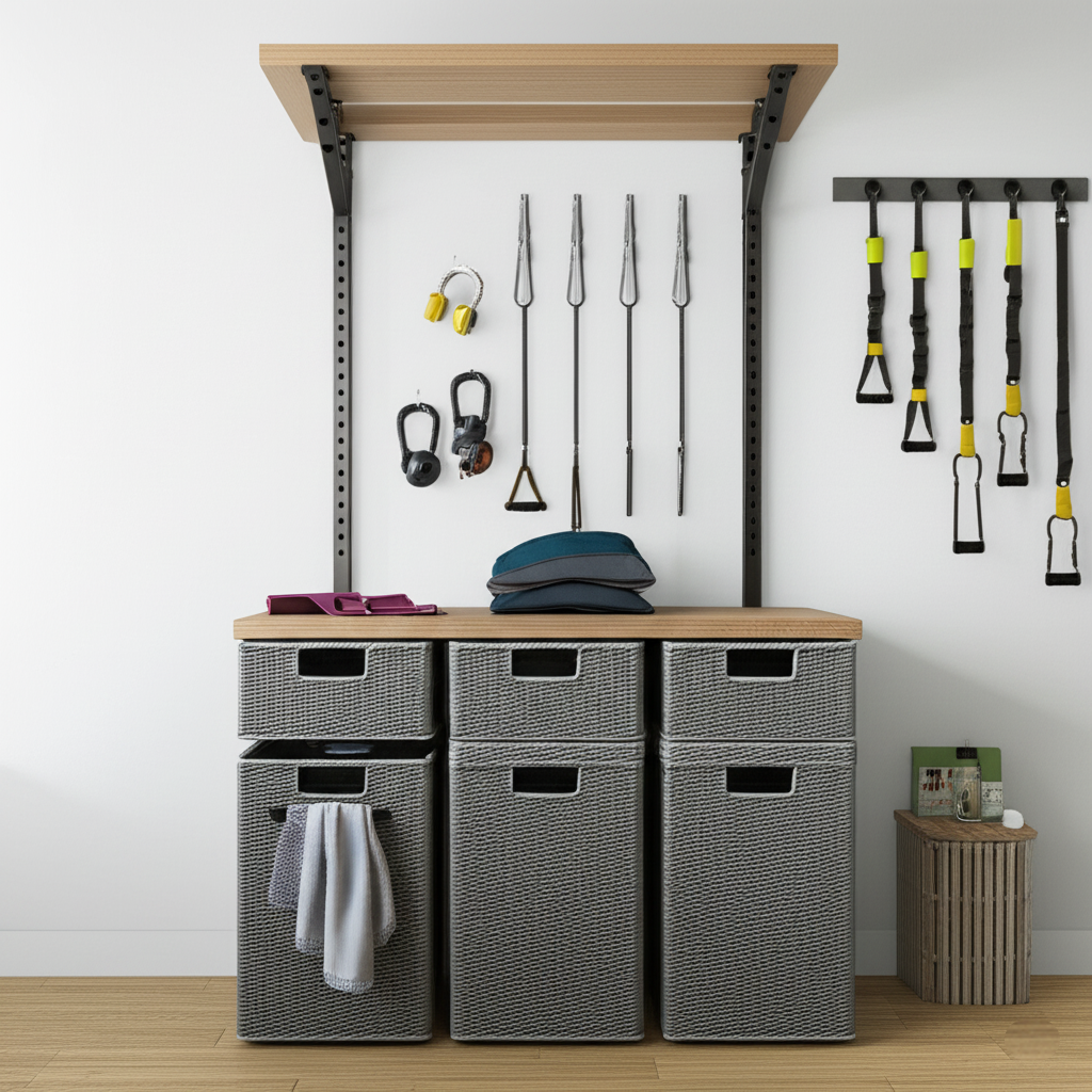 Efficient Storage for a Tidy Modern Home Gym Organized home gym storage with wall-mounted racks for various fitness accessories and woven baskets for towels and smaller items.