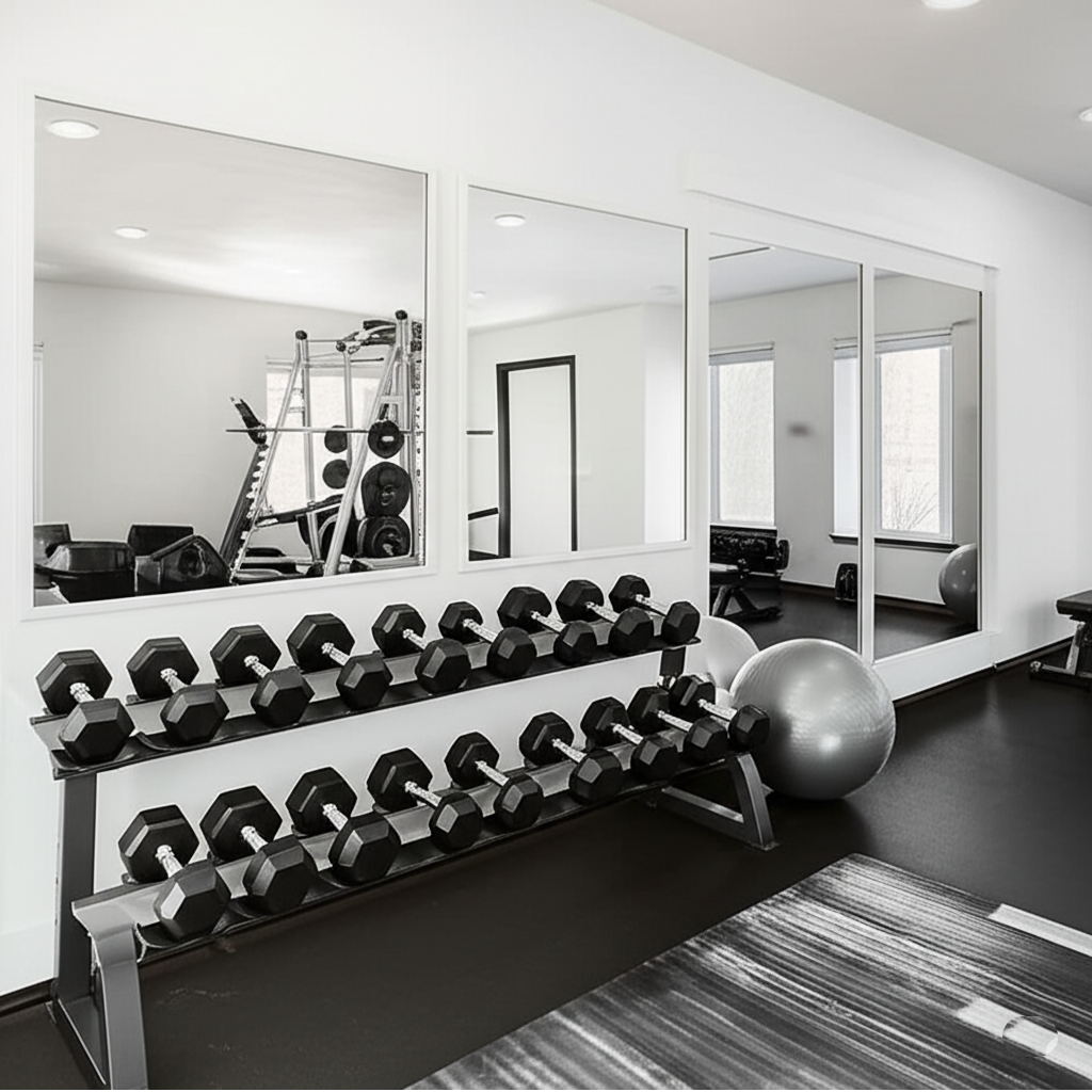 Modern Home Gym with Expansive Wall Mirrors Large, frameless mirrors reflecting a clean, modern home gym with a dumbbell rack and workout equipment.