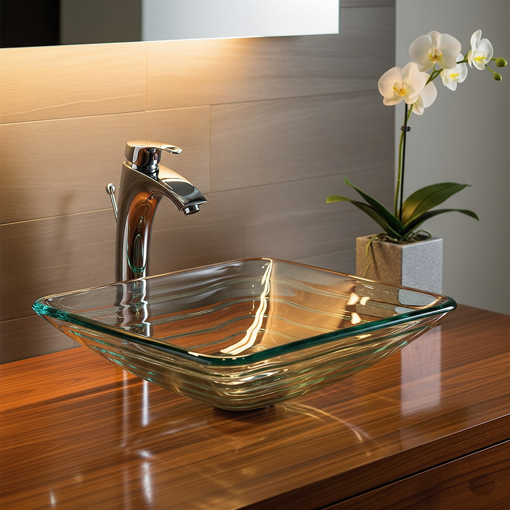 Stylish Square Glass Vessel Sink with Chrome Faucet A square, clear glass vessel sink with a textured bottom on a glossy brown wooden vanity, paired with a modern chrome faucet and a white orchid.