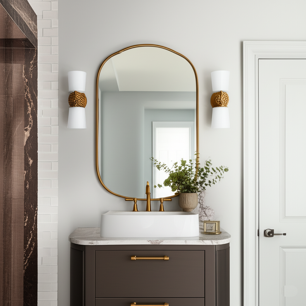 A modern bathroom with a white oval vessel sink on a white marble-top, natural wood fluted vanity, a round mirror, and dry grasses for decor.