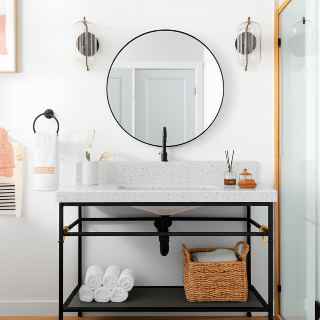 Modern Console Sink with Terrazzo Top and Open Storage A contemporary bathroom features a console sink with a white terrazzo countertop, supported by a black metal frame with open shelving holding rolled white towels and a woven basket, beneath a round black mirror.