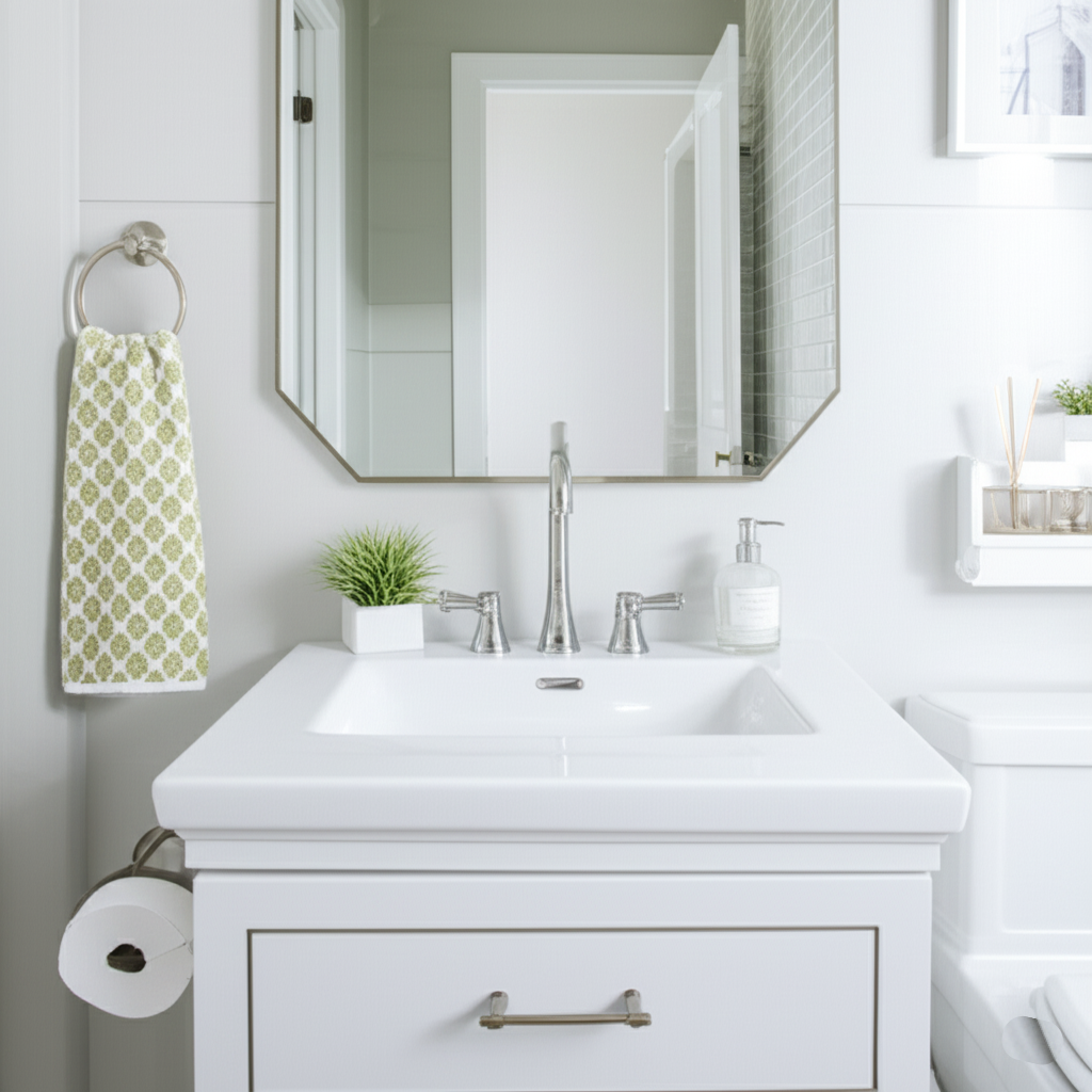 Classic White Drop-in Sink with Silver Fixtures A bright white drop-in bathroom sink on a white vanity, with a silver faucet, an octagonal mirror, and a green patterned hand towel.