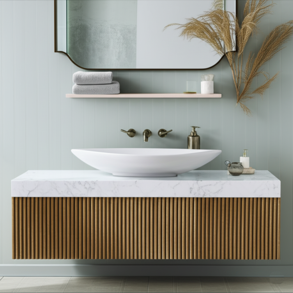 Modern Oval Vessel Sink on Fluted Wood Floating Vanity A contemporary bathroom features a white oval vessel sink on a white marble countertop atop a floating vanity with natural wood fluted panels, a unique shaped mirror, and pale green paneled walls.