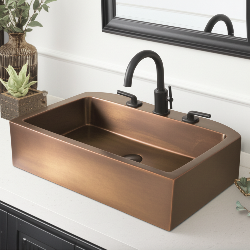 Elegant Bronze Rectangular Vessel Sink with Matte Black Faucet A sleek, rectangular bronze vessel sink rests on a light bathroom countertop, featuring a matte black widespread faucet and a black framed mirror reflection, accented by a small plant.