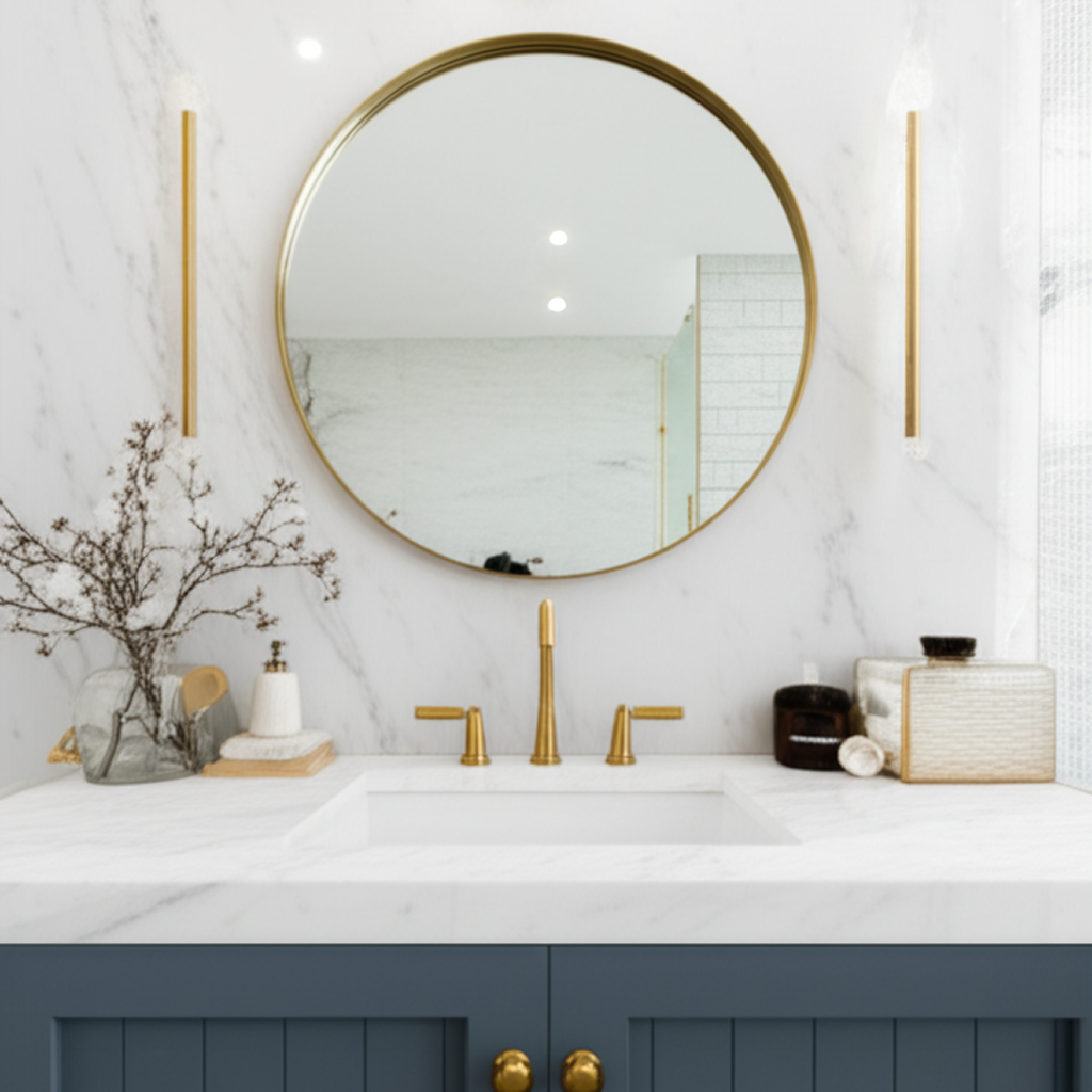 Modern Bathroom Vanity with Integrated Sink and Gold Fixtures A chic bathroom vanity with a white integrated sink, a round gold-framed mirror, gold wall sconces, and a gold faucet against a marble wall.