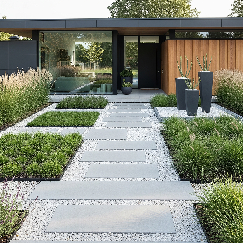 Modern house with minimalist garden A modern home featuring a high-contrast color scheme of dark gray and natural wood panels. The minimalist front garden uses clean lines, ornamental grasses, and a stone paver pathway.