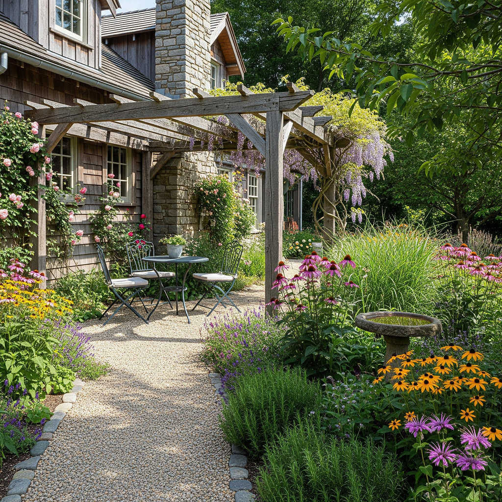 Rustic house with pergola A rustic home with wood siding and a stone chimney, featuring a garden with a wooden pergola and a gravel path. The natural color scheme is enhanced by native plants like coneflowers.