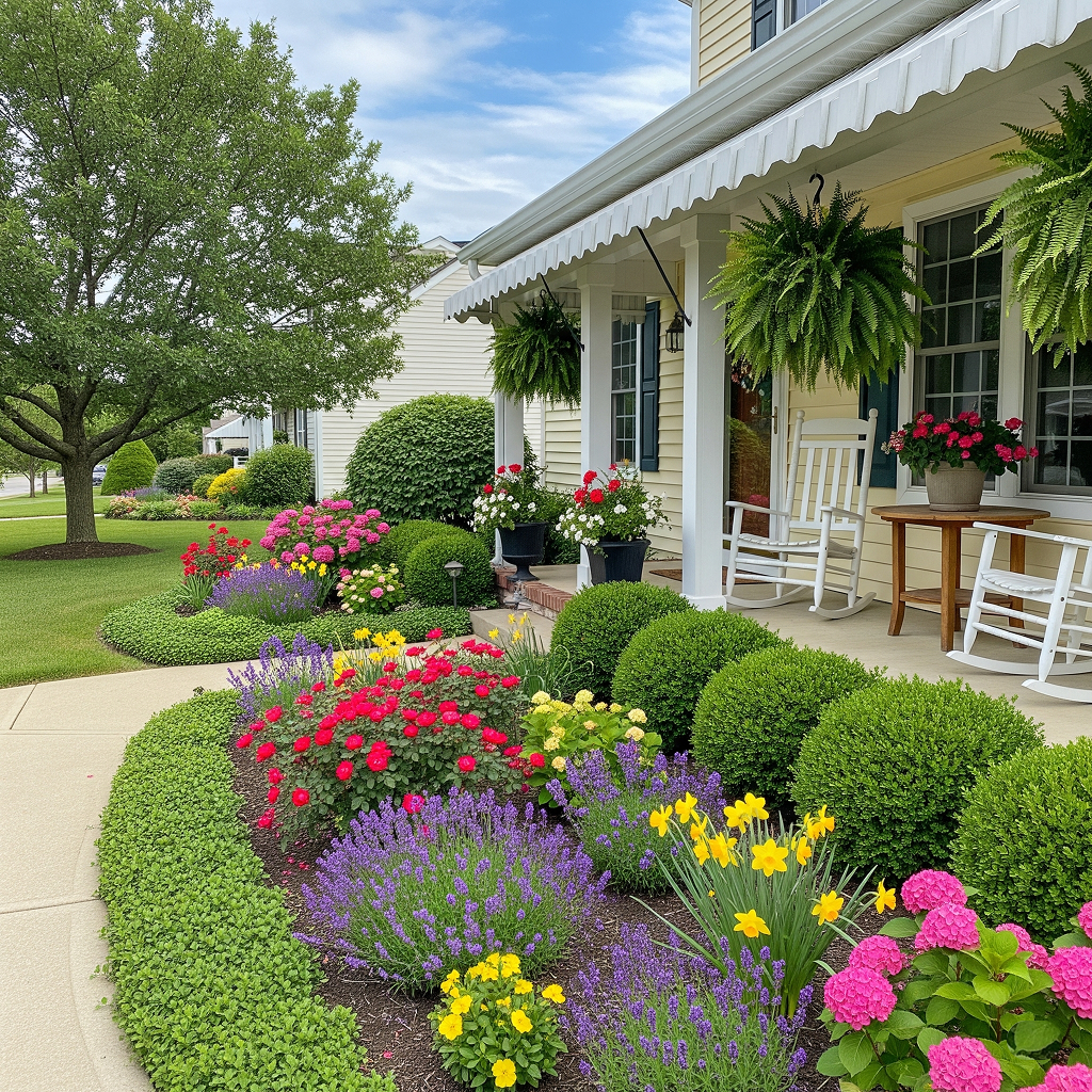 Suburban home with vibrant garden A suburban home with a welcoming pale yellow exterior and crisp white trim. A vibrant front garden with pink, purple, and red flowers enhances the home's curb appeal.