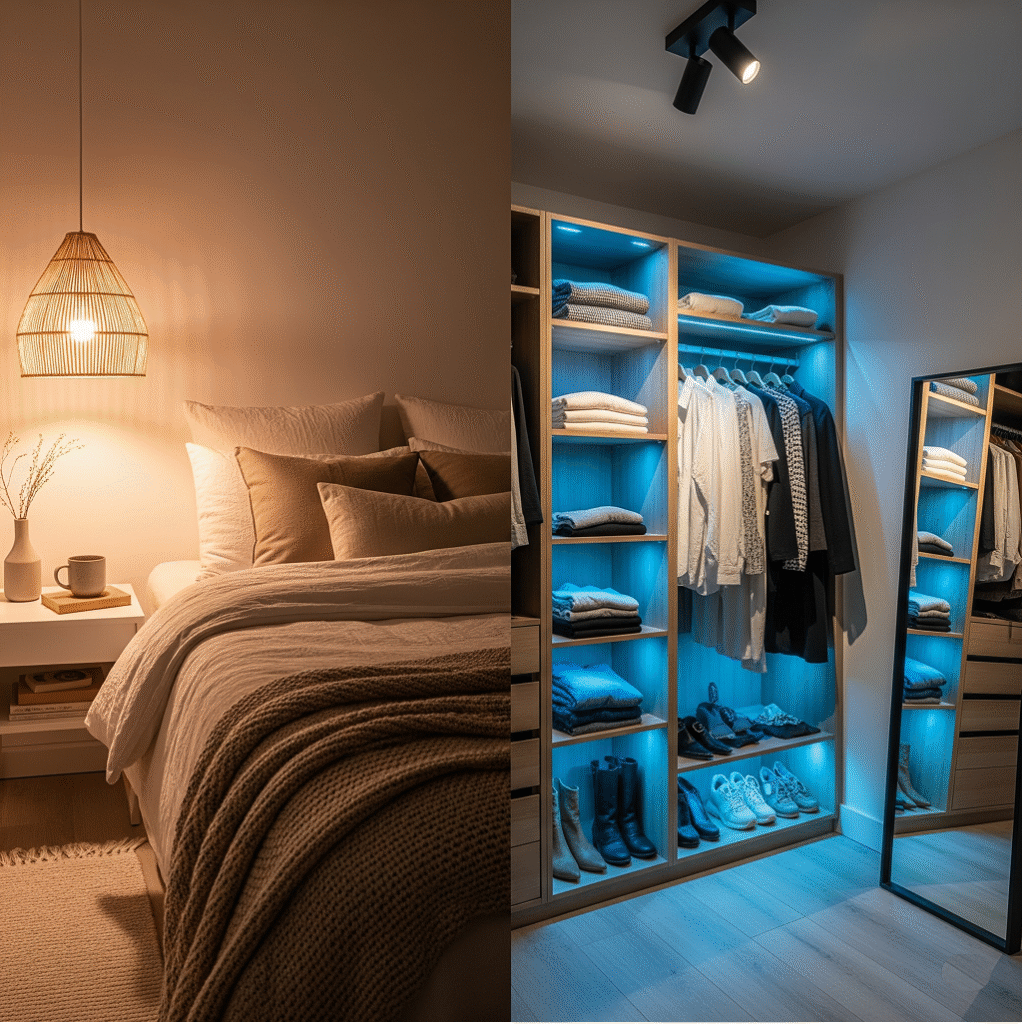 A split image contrasting the warm, ambient glow from a pendant lamp in the bedroom zone with the cool, bright LED strip lighting in the organized closet zone.
