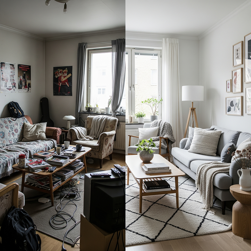Before and after of a beginner's living room showing decorating mistakes and a harmonious makeover.