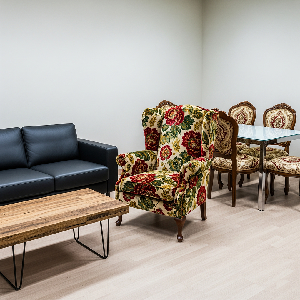 buying-all-furniture-at-once-mistake New furniture bought all at once looking mismatched and awkward in a home.