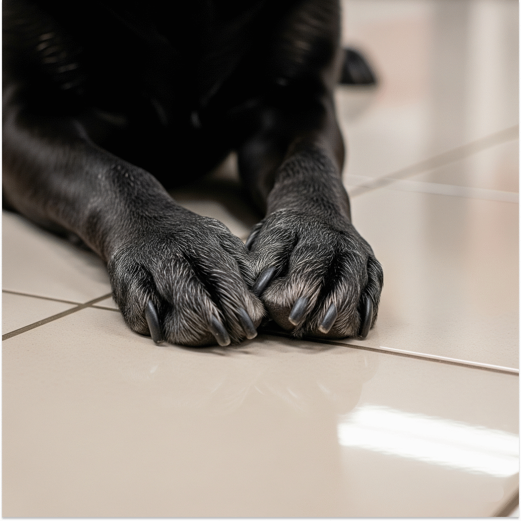 close-up-of-senior-dog-paws-on-tile-floor- A detailed close-up of an older black dog's paws with graying fur and long nails, resting on a clean, light-colored tiled floor