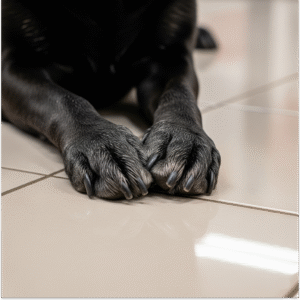 A detailed close-up of an older black dog's paws with graying fur and long nails, resting on a clean, light-colored tiled floor