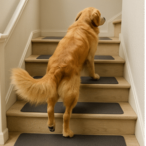 A golden retriever safely climbing a wooden staircase equipped with dark gray, non-slip carpet treads for better traction and to prevent falls