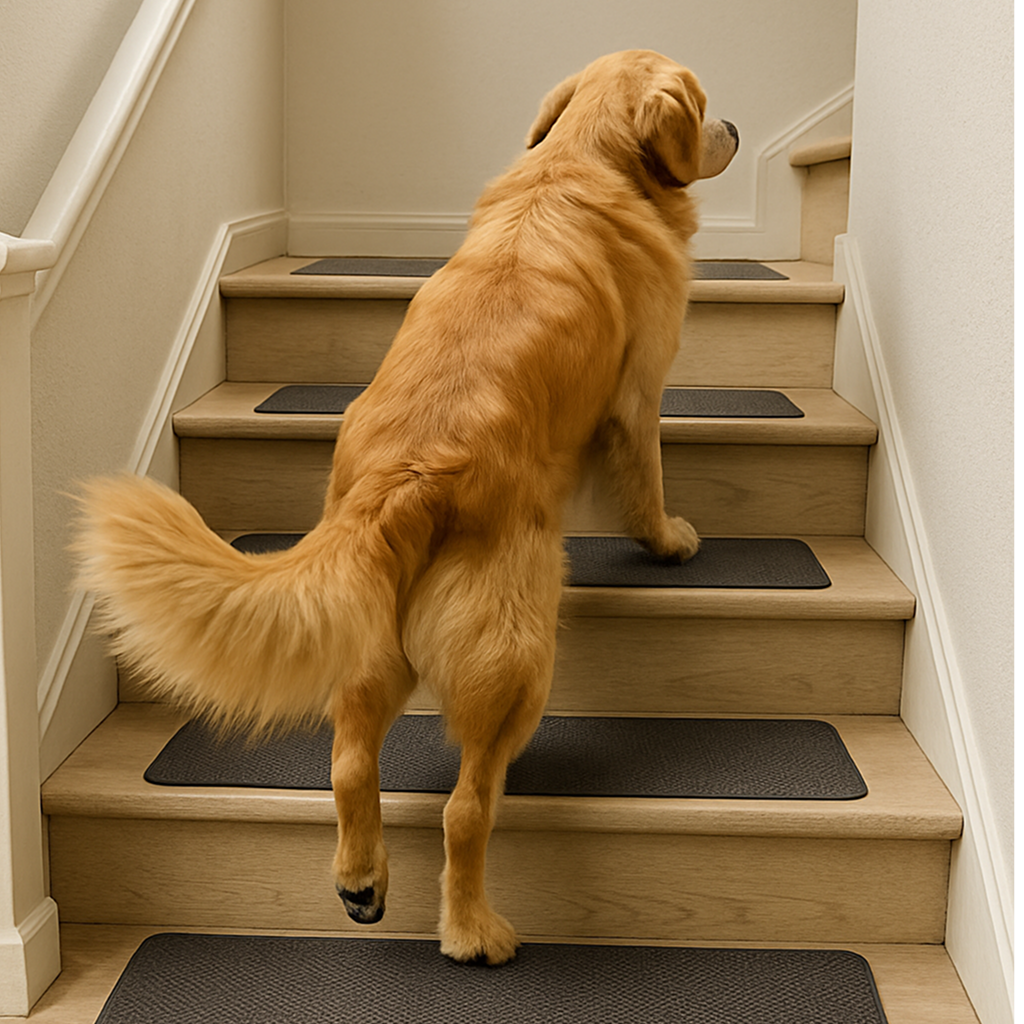 A golden retriever safely climbing a wooden staircase equipped with dark gray, non-slip carpet treads for better traction and to prevent falls