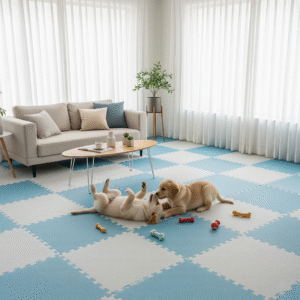 Two playful golden retriever puppies wrestling on a large blue and white checkered interlocking foam play mat in a brightly lit, modern living room.