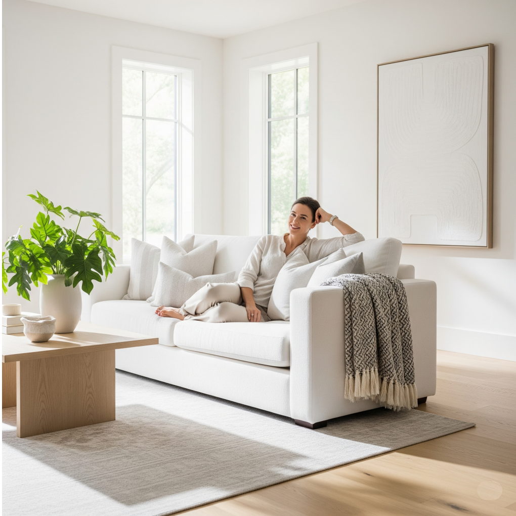happy-decor-successful-home Happy person enjoying a Bright, modern living room with cozy white sofa, neutral decor, large windows, and soft natural lighting, creating a comfortable and inviting home interior.