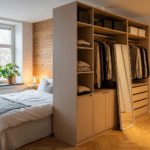 A bright bedroom featuring a light wood wardrobe acting as a room divider, separating a cozy bed next to a window from a functional open closet and dressing area.