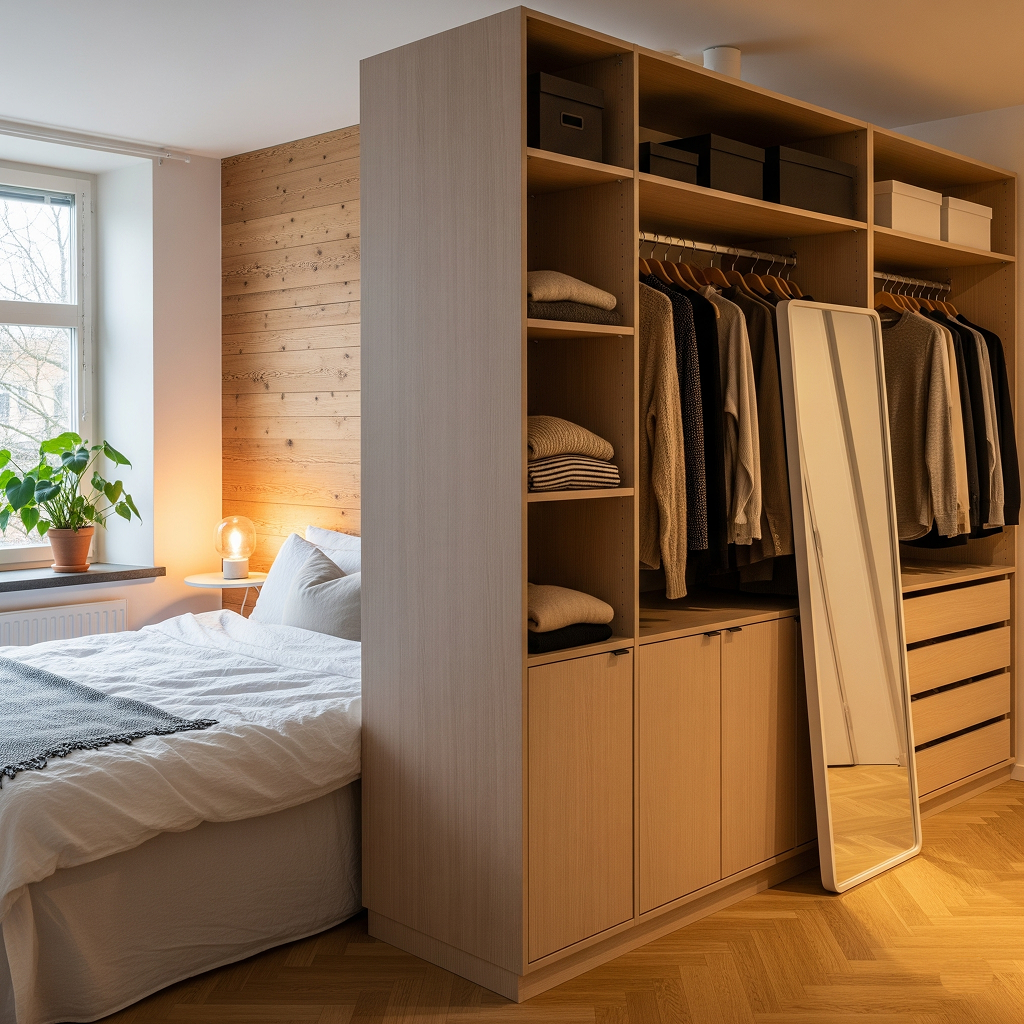 A bright bedroom featuring a light wood wardrobe acting as a room divider, separating a cozy bed next to a window from a functional open closet and dressing area.