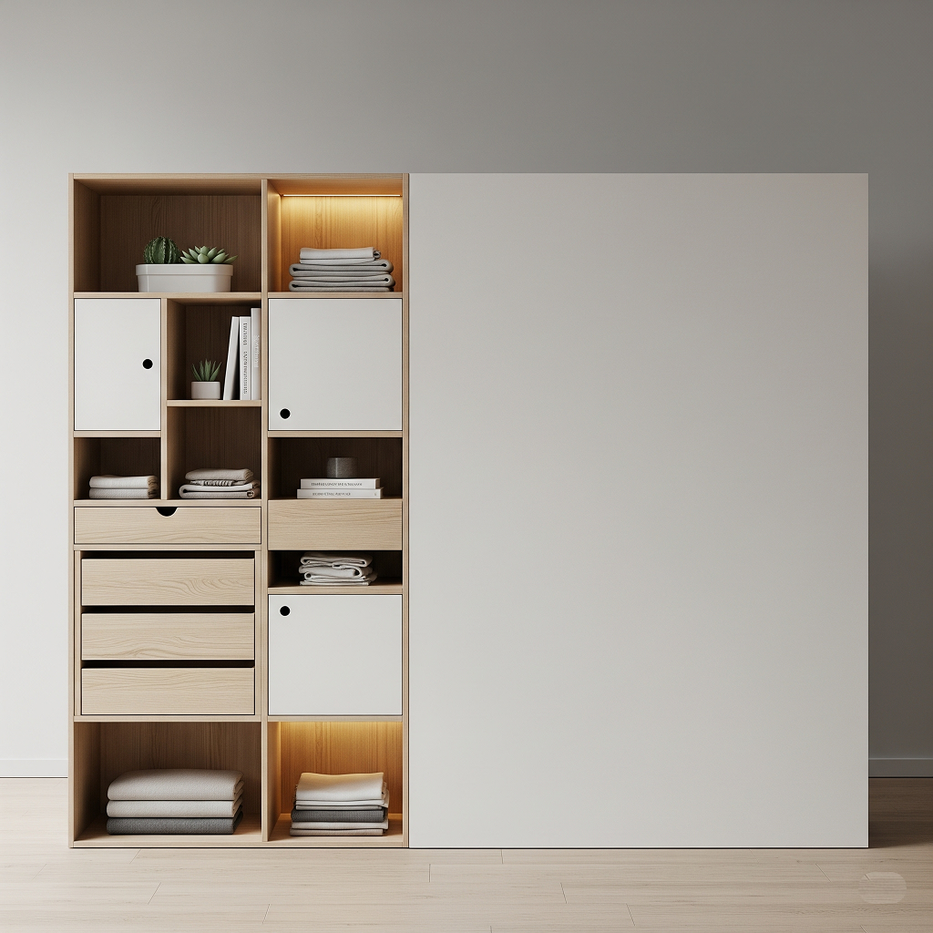 A modern modular wardrobe system with light wood and white finishes, featuring a mix of open shelving, drawers, and integrated lighting, ideal for a custom closet solution