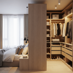 A modern wardrobe partition with a sleek back panel creates a custom L-shaped walk-in closet with integrated lighting, effectively separating it from the stylish bedroom area.