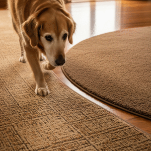 An elderly golden retriever carefully walks from a shiny hardwood floor onto a textured brown carpet runner, providing better grip and safety.