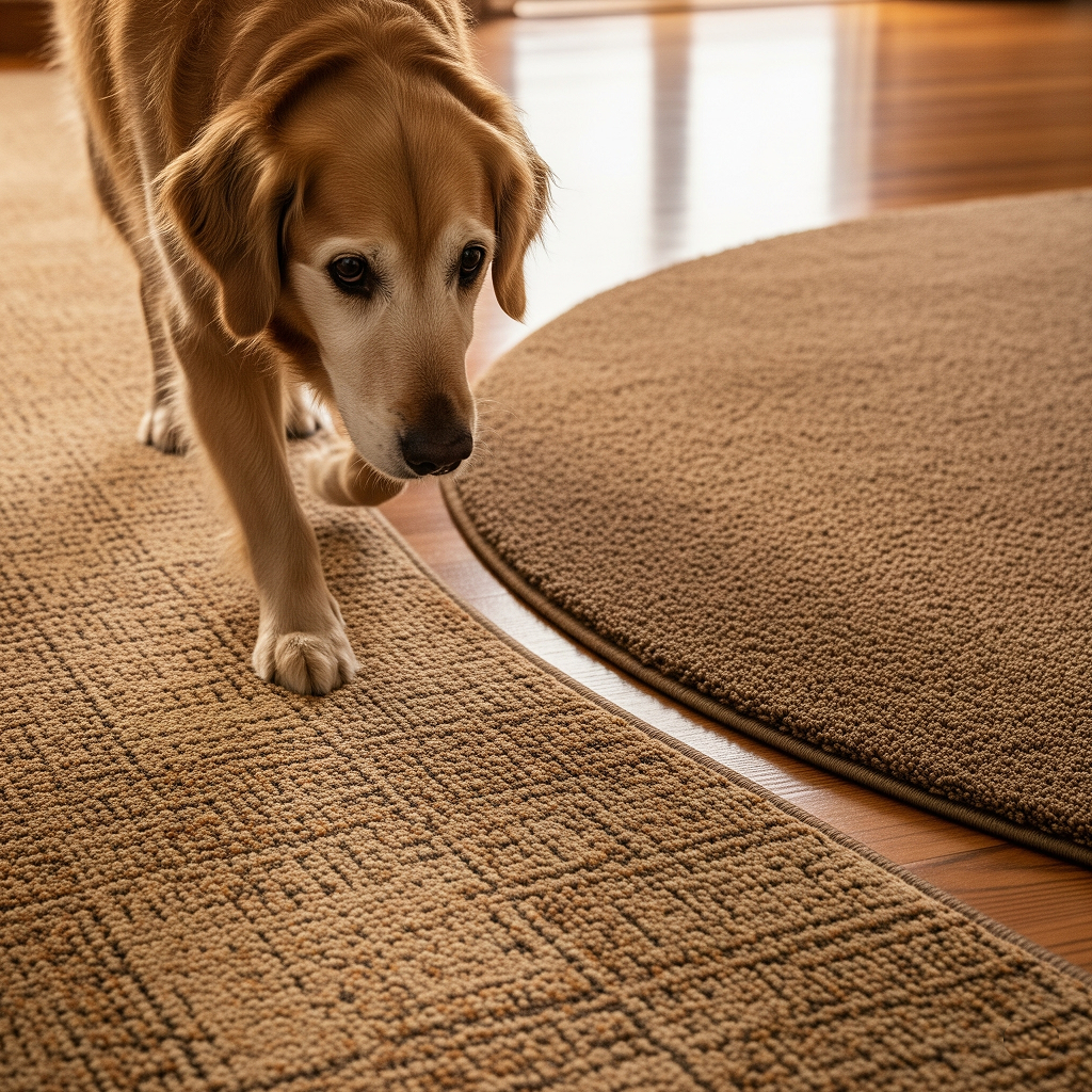 An elderly golden retriever carefully walks from a shiny hardwood floor onto a textured brown carpet runner, providing better grip and safety.