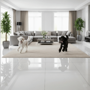 A white poodle and a black poodle run excitedly across a highly reflective, slippery white tile floor in a spacious, modern living room with a large area rug in the background