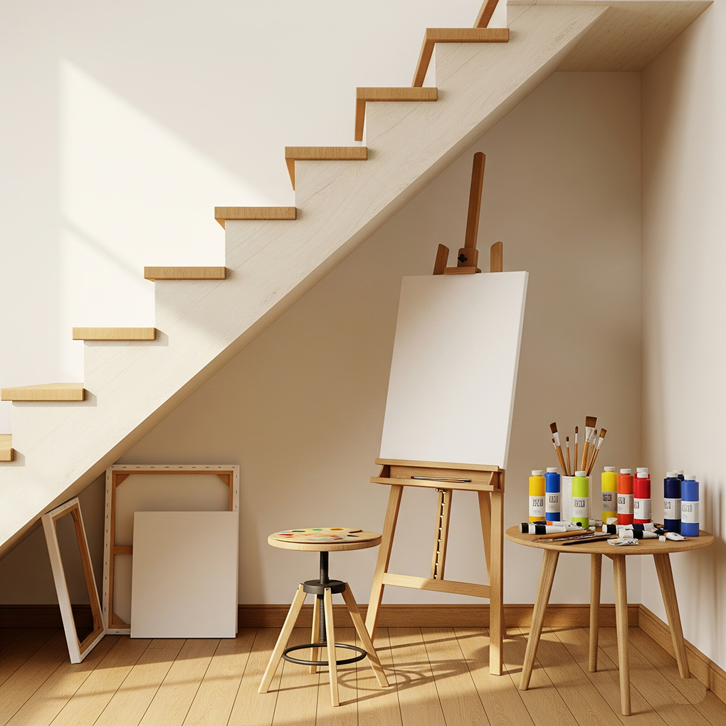 Under-Stair Art Studio with an Easel and Supplies A small and sunlit art studio created under a modern wooden staircase, featuring an easel with a blank canvas, a stool, and two small tables holding various paint tubes and brushes.