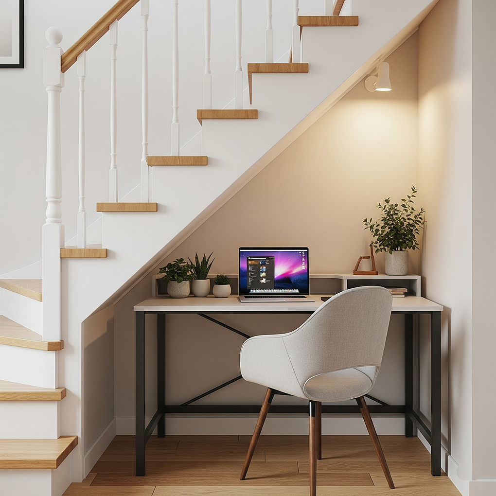 Compact Under-Stair Home Office with Minimalist Design A small and efficient home office tucked under a light wooden staircase, featuring a simple light wooden desk, a gray chair, a laptop, a desk lamp, and a few potted plants for a touch of greenery.