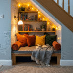 A comfortable and inviting bench seat built into the under-stair space, featuring plush pillows in neutral tones, warm lighting from above, and likely hidden storage beneath the seating area.