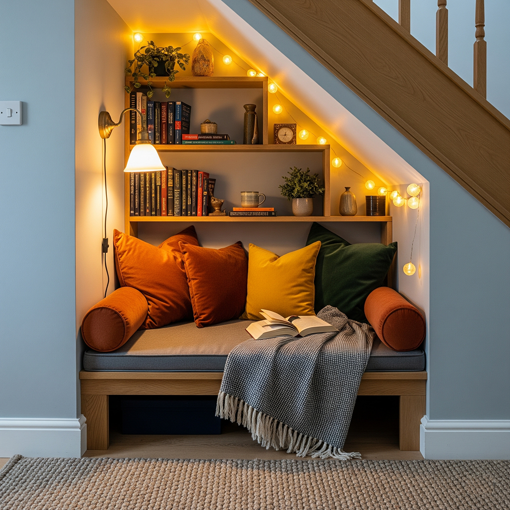 A comfortable and inviting bench seat built into the under-stair space, featuring plush pillows in neutral tones, warm lighting from above, and likely hidden storage beneath the seating area.