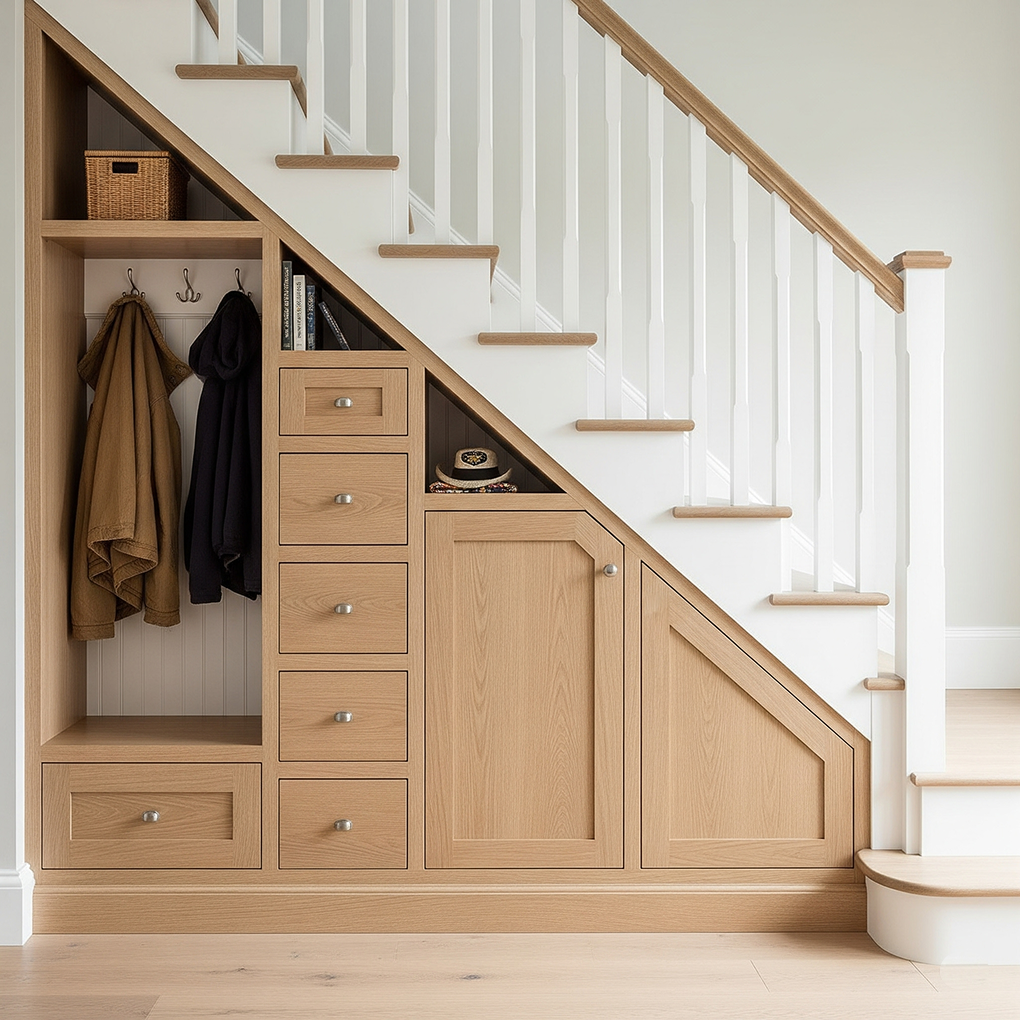 Clever Under-Stair Storage with Built-in Drawers and Cabinet Smart and seamless storage solutions integrated under a white and light wood staircase, featuring handleless drawers and a push-to-open cabinet, maximizing the use of the angled space.
