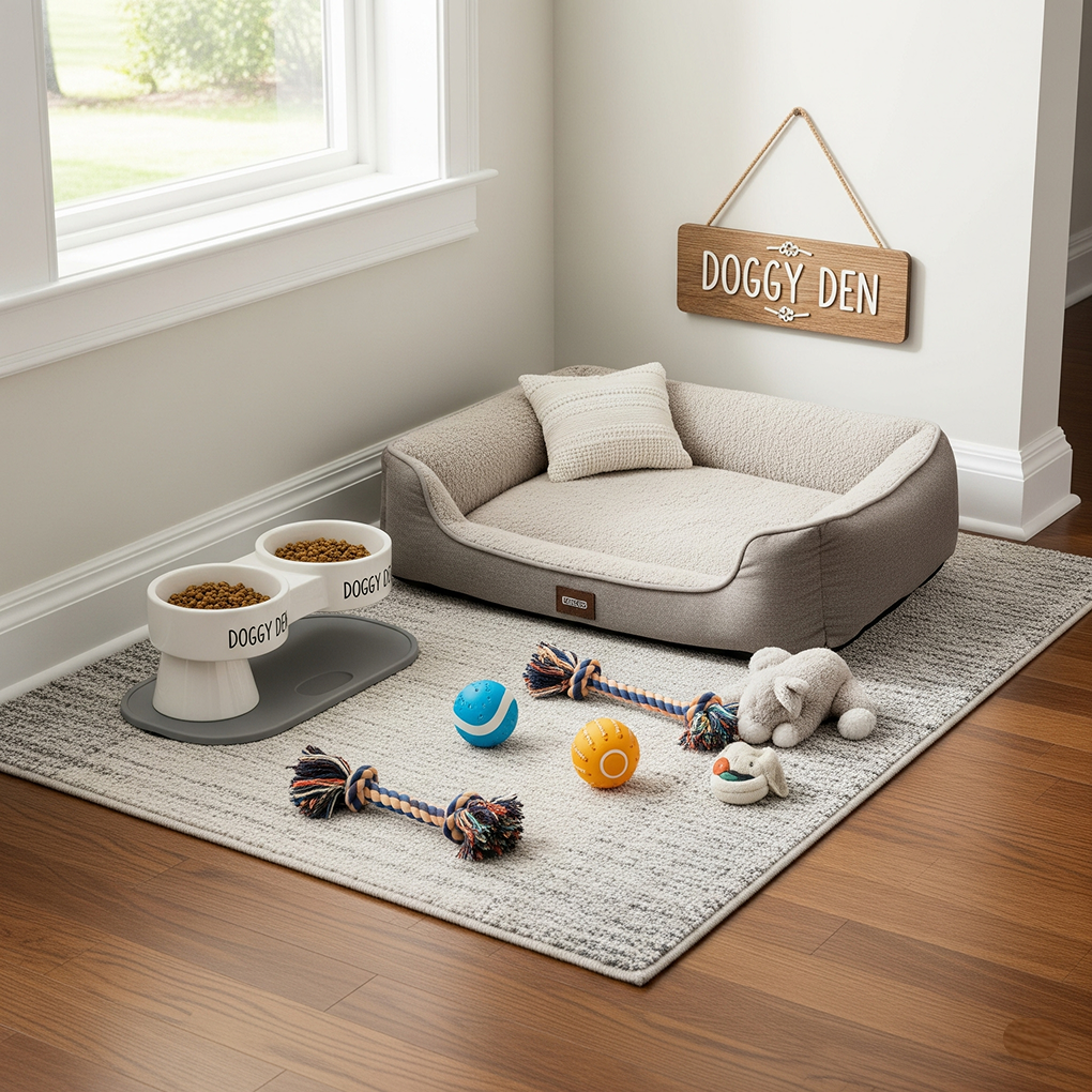A designated dog area in a home corner featuring a grey dog bed, elevated white food and water bowls, a grey rug, and various dog toys, with a "DOGGY DEN" sign on the wall.