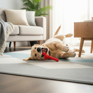 A golden retriever puppy lies on its back on a light grey and blue geometric patterned rug, happily chewing on a red bone toy in a bright living room.