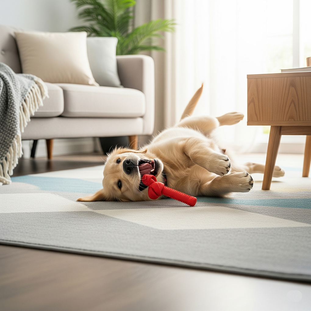Playful Pup on a Washable Rug A golden retriever puppy lies on its back on a light grey and blue geometric patterned rug, happily chewing on a red bone toy in a bright living room.