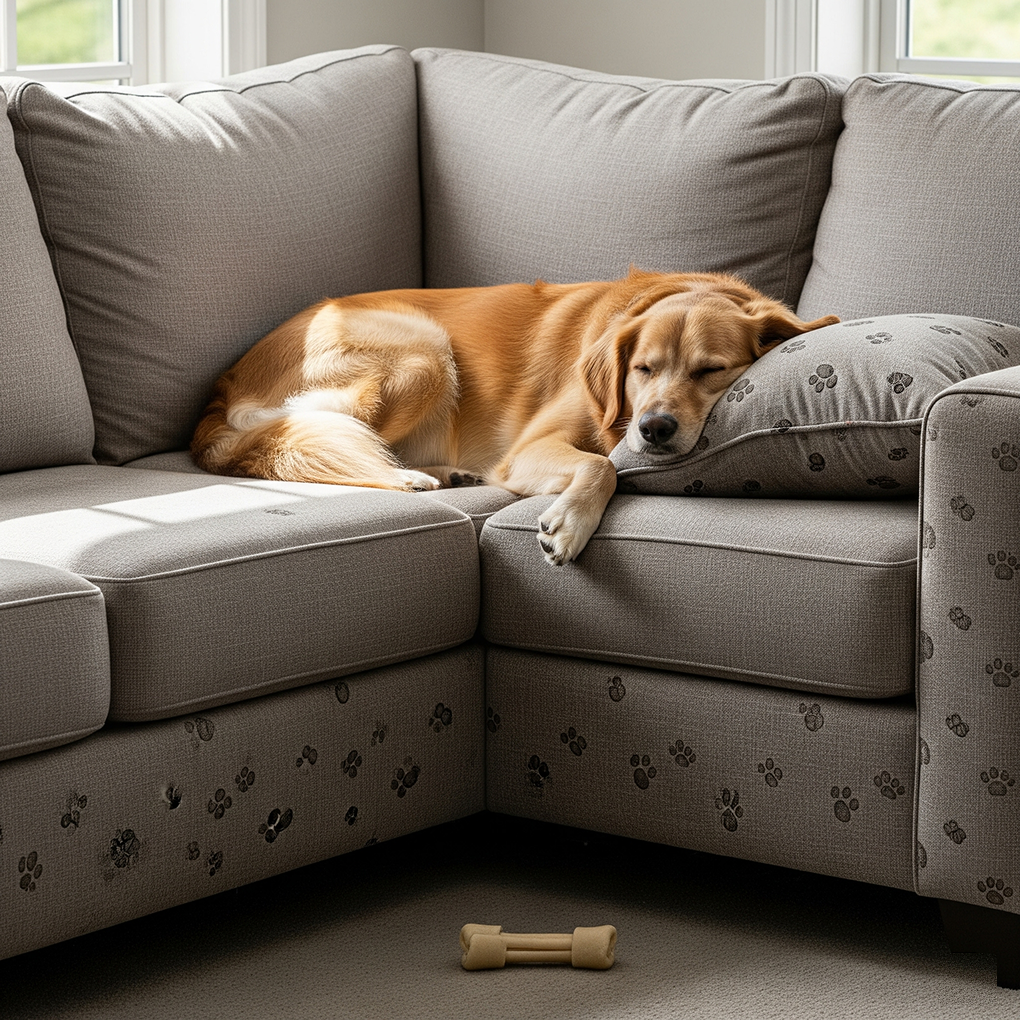 Dog Relaxing on a Pet-Friendly Sofa A golden retriever mix dog is curled up and sleeping on a light grey, pet-friendly sectional sofa with subtle paw print patterns, bathed in sunlight from a nearby window.