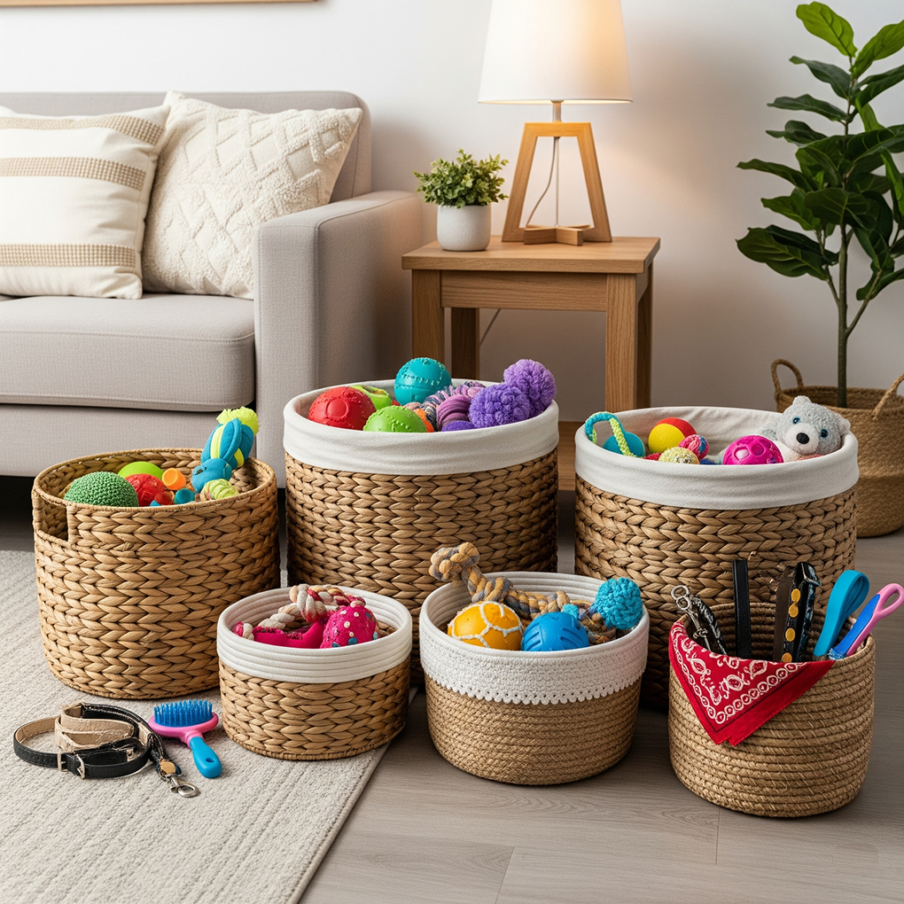 Organized Dog Toy Storage Several woven baskets of various sizes are filled with colorful dog toys and accessories, neatly arranged on a light-colored rug in a tidy living room.
