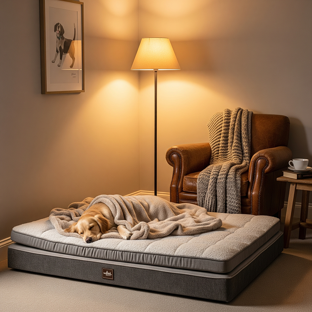 Cozy Orthopedic Dog Bed A golden retriever sleeps soundly on a large grey orthopedic dog bed with a beige blanket in a dimly lit, cozy corner of a room next to a leather armchair and a floor lamp.