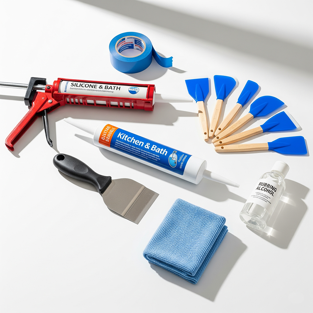 diy-silicone-sealant-tools-materials-kit.jpg Overhead view of essential DIY silicone sealant tools and materials including caulking gun, masking tape, scraper, and kitchen and bath silicone tube.