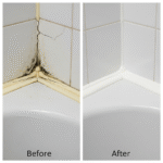Before and after comparison of moldy, cracked silicone and freshly applied clean silicone sealant in a kitchen or bathroom corner.